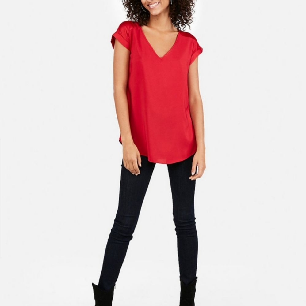 Express Silky Gramercy V Neck Top in Red